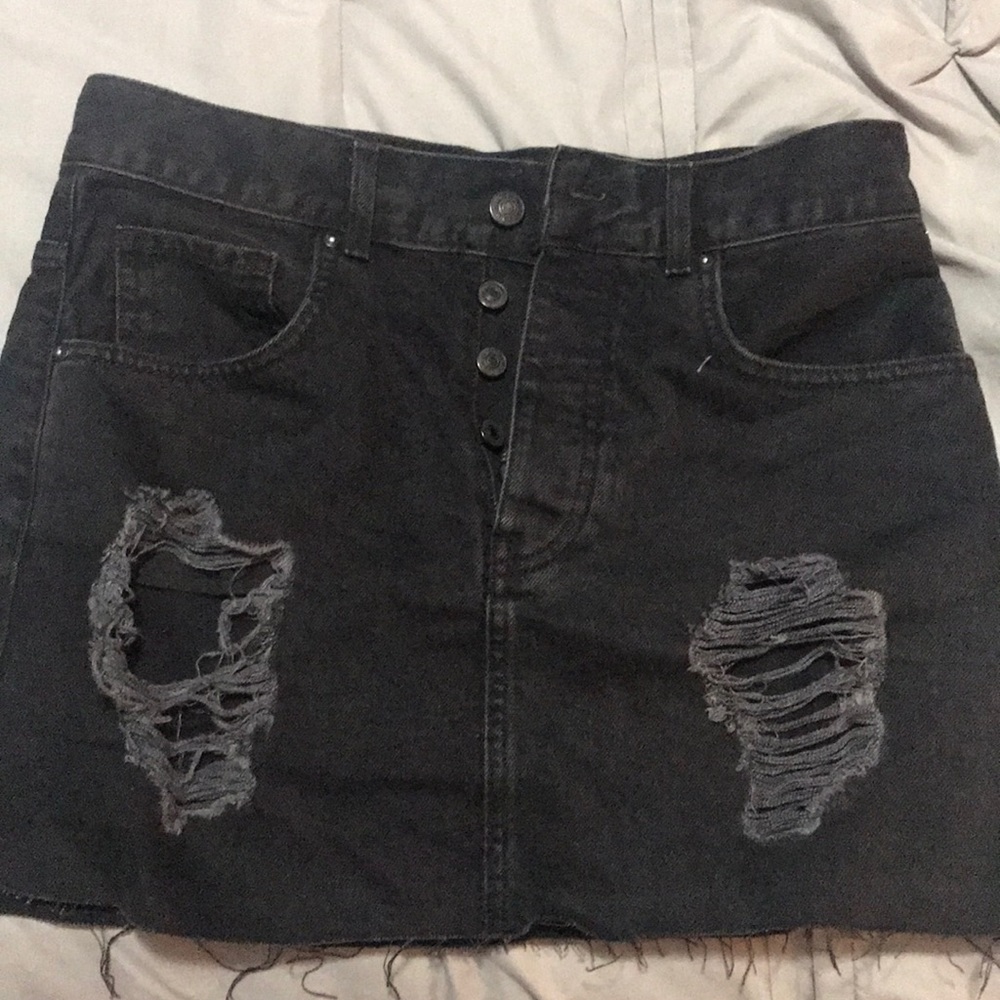 distressed black denim skirt